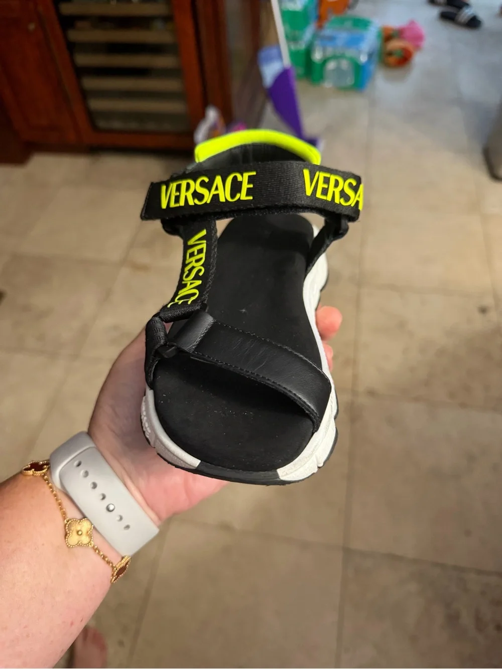 Versace Kids Black and Neon Yellow Logo Sport Sandals